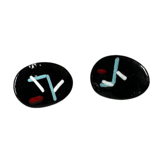 Vintage Artsy Oval Enamel Copper Screw Back Earrings Mid Century Art Abstract - Picture 2 of 8